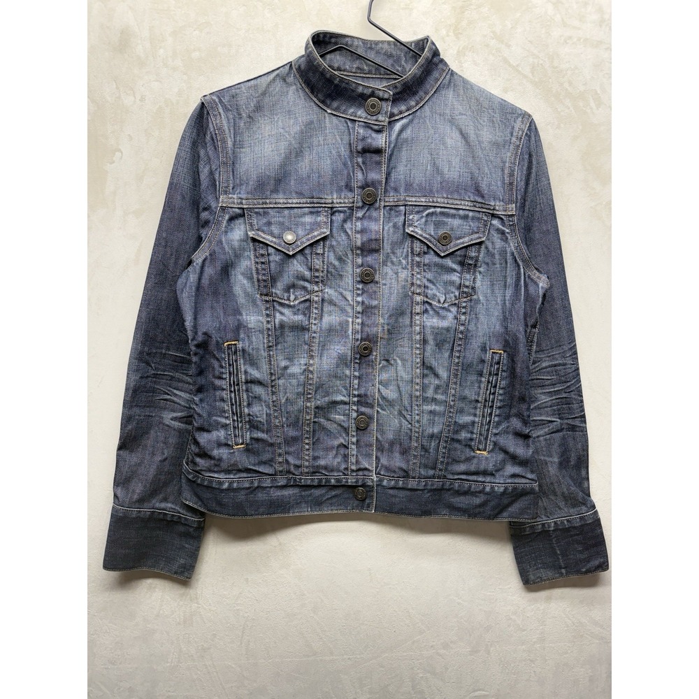 VTG Y2K Gap Denim Trucker Jacket Womens Medium Mandarin Band Collar Western Yoke